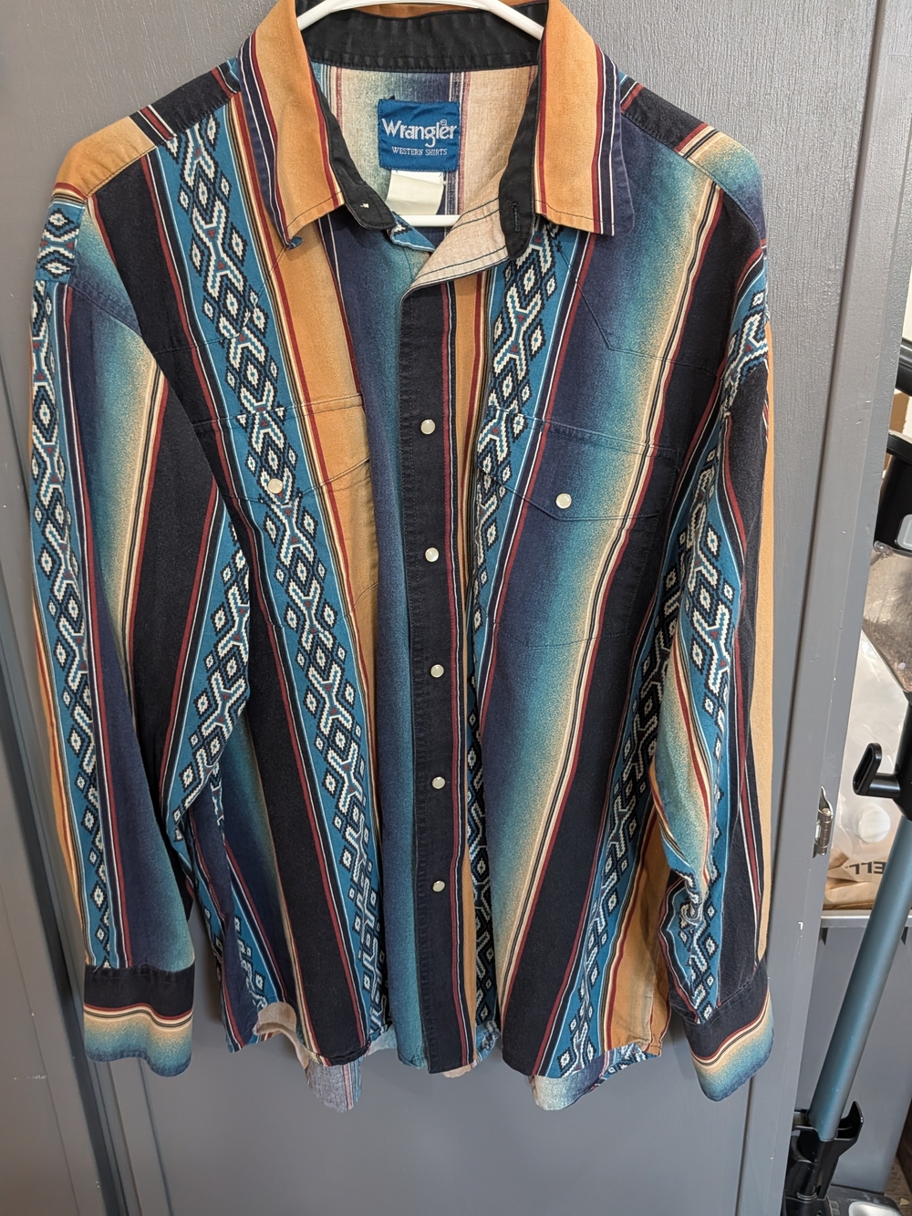 Wrangler Teal Navy Tan Striped Western Button-Up Shirt XL